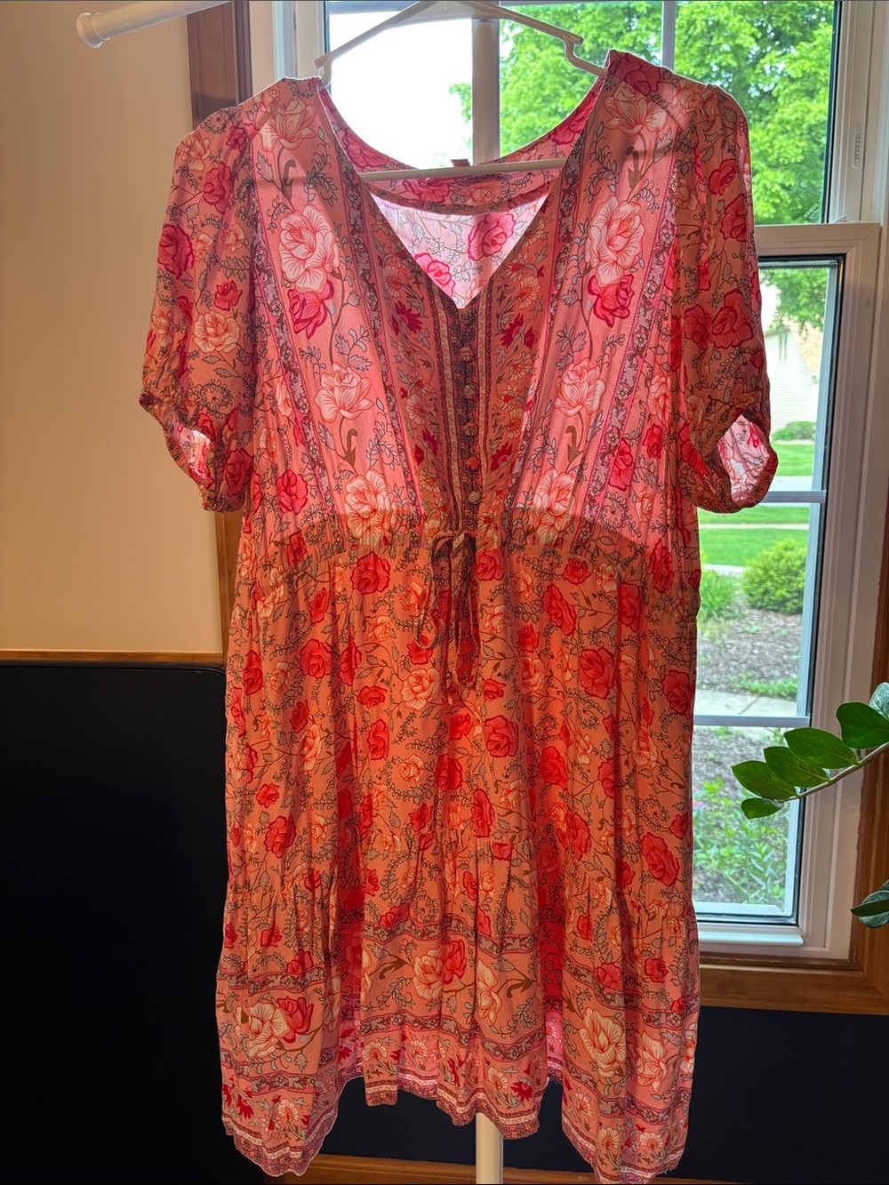 Pink Floral Boho V-Neck Tunic Dress
